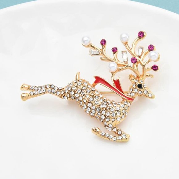 New Sparkly Gold-Tone Reindeer Brooch (2” wide x 1.75” tall) (Version “Prancer”) - Picture 6 of 8